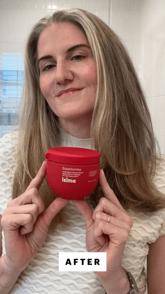 A photo of Allure executive beauty director Jenny Bailly after using the Isima Súperbomba Triple Repair Peptide Hair Mask