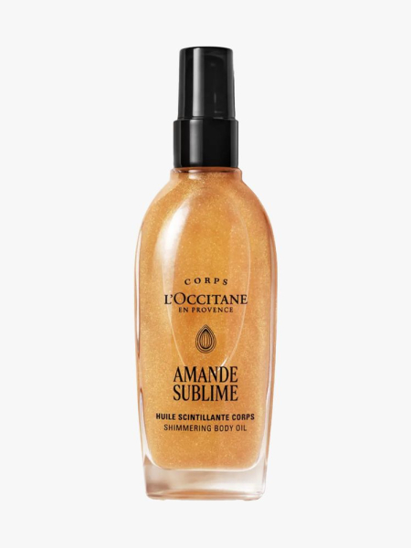L’Occitane Instant Golden Glow Shimmering Body Oil in branded component on a light gray background