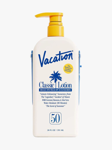 A bottle of Vacation Classic Lotion SPF 50 on a light gray background