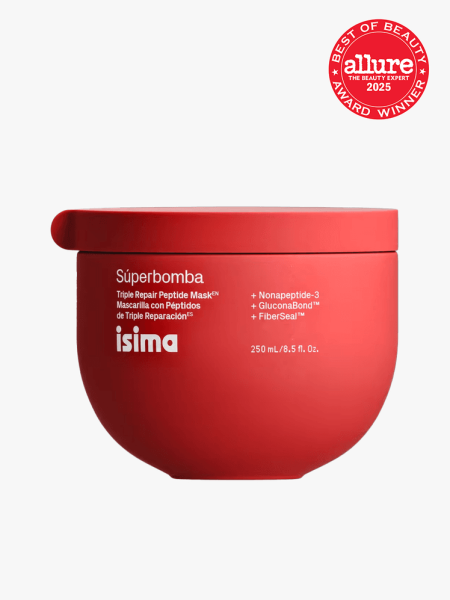 Isima Súperbomba Triple Repair Peptide Hair Mask in branded component on a light gray background with the 2025 allure best of beauty seal in the top right corner
